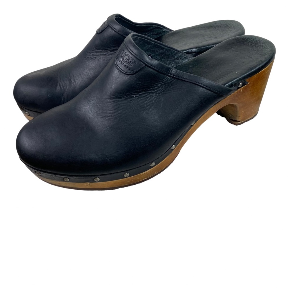 UGG Abbie Sz 9 Wooden Platform Clogs Mules Shoes Black Leather Fur Lined Studded - Picture 4 of 12